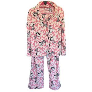 Munki Munki Peanuts Snoopy Pink Heart Print Fleece Pajama Set Womens Size Small